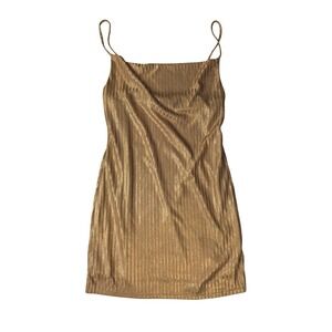 Audrey 3+1 Gold Metallic Ribbed Cowl Neck Mini Dress Medium Sleeveless USA Made